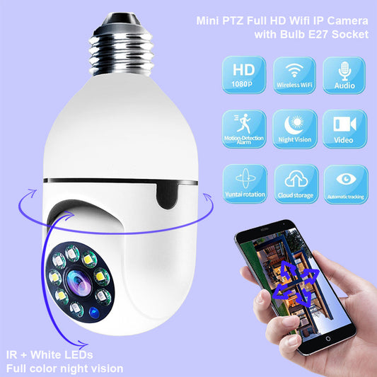 WiFi CAMARA 1080P Bulb 4X Zoom E27 Home 5GWiFi Alarma Monitor